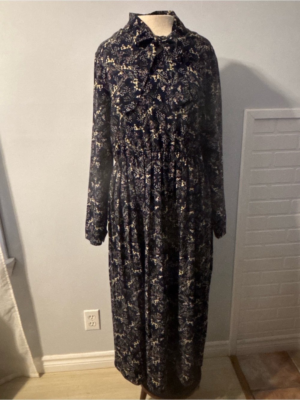 Navy Floral Long-Sleeve Maxi Dress with Ruffle Collar